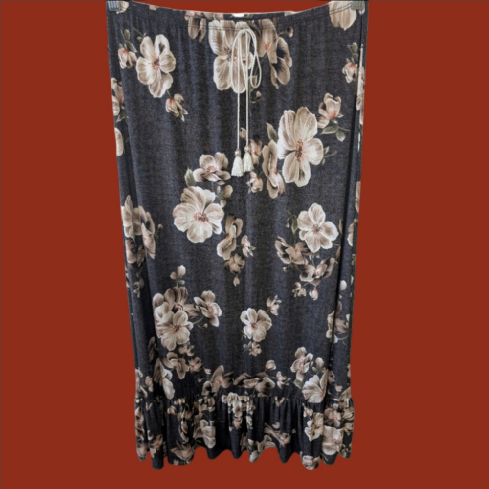Skirt  MIDI Charcoal Gray Elastic Waist Dogwood Flower Cottagecore Sz L